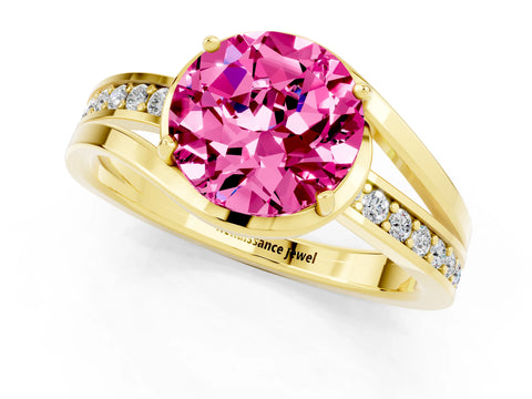 Yellow gold Round Cut Pink Sapphire Solitaire Ring with Split Shank and Prong Setting_1