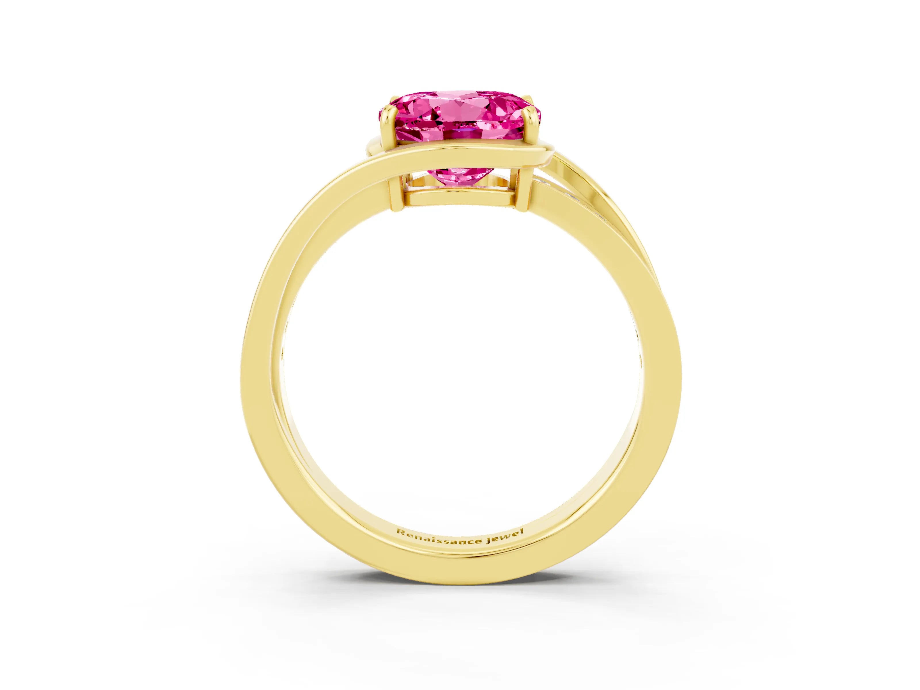 Yellow gold Round Cut Pink Sapphire Solitaire Ring with Split Shank and Prong Setting_3