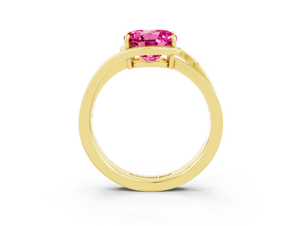 Yellow gold Round Cut Pink Sapphire Solitaire Ring with Split Shank and Prong Setting