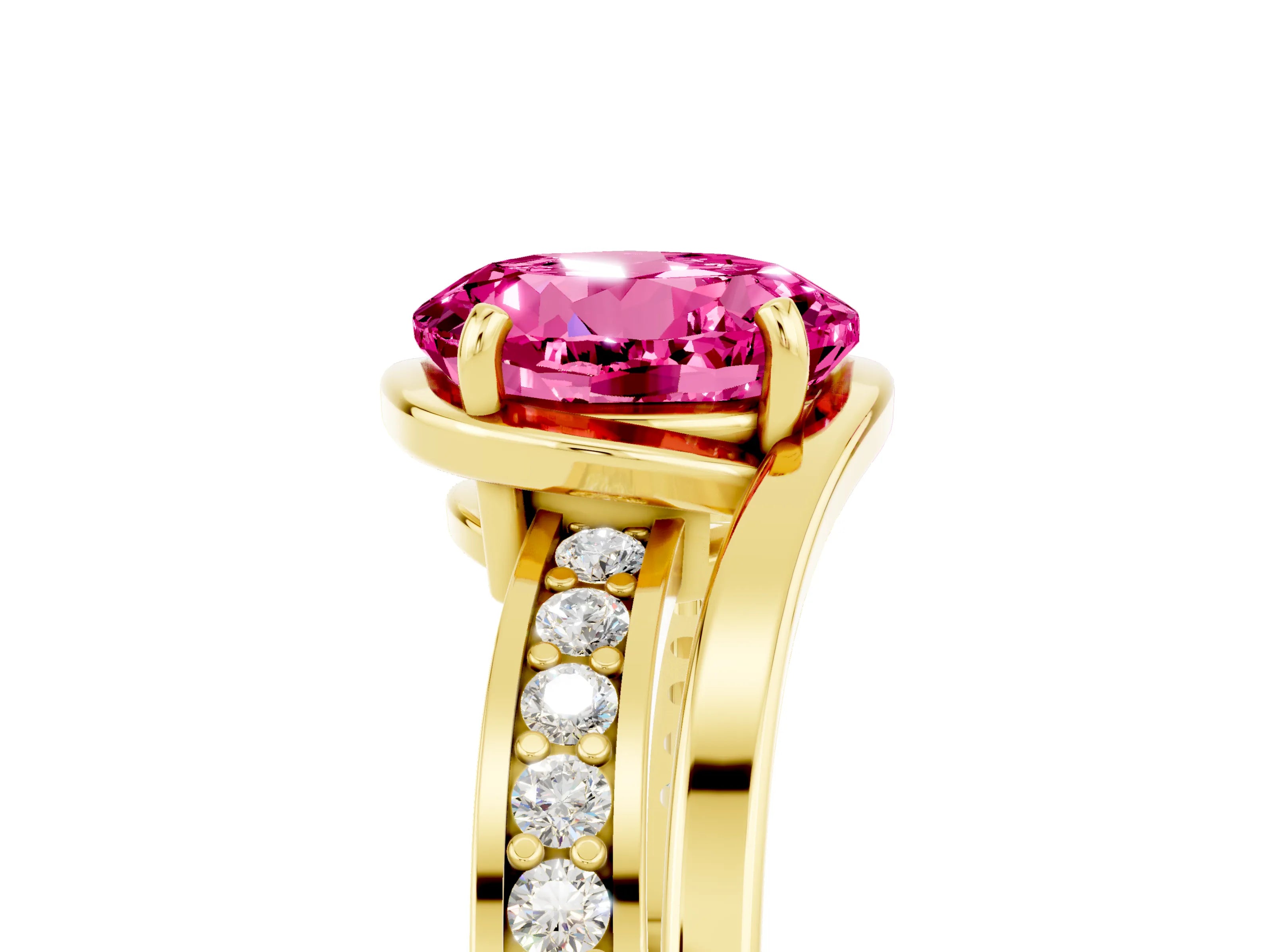 Yellow gold Round Cut Pink Sapphire Solitaire Ring with Split Shank and Prong Setting_5