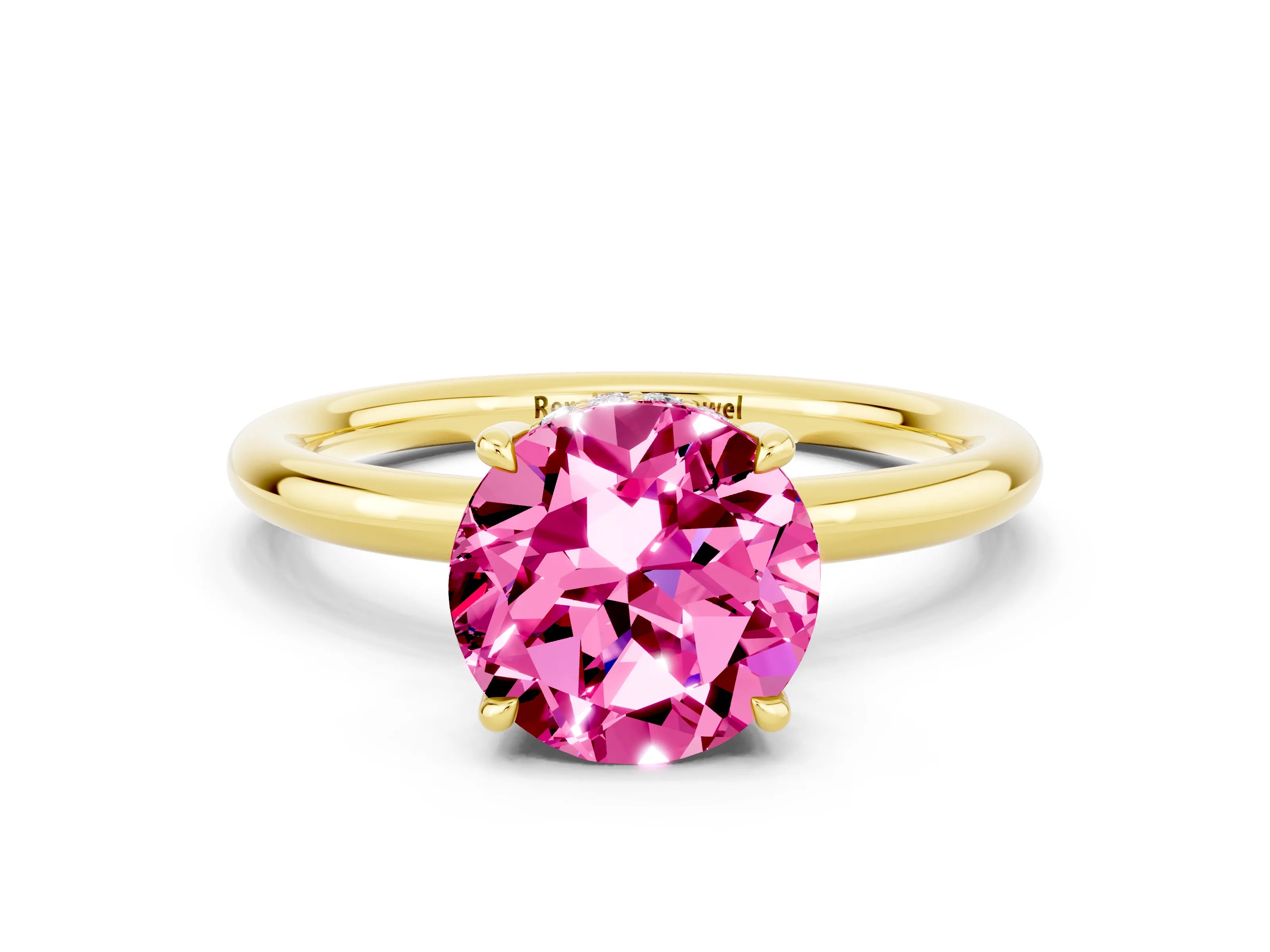 Yellow gold Round Cut Pink Sapphire Solitaire Ring with Thin Band and Four-Prong Setting_36