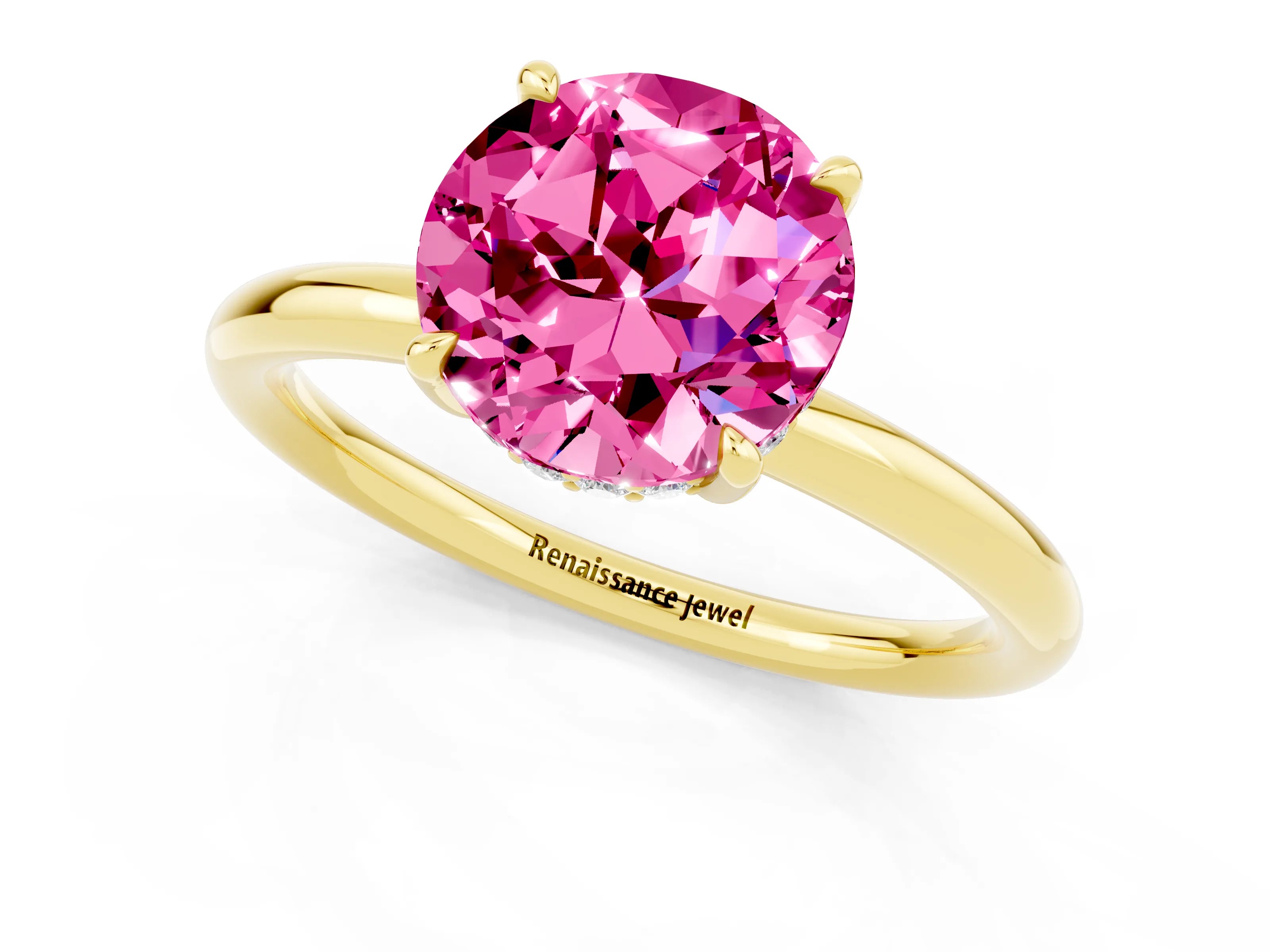 Yellow gold Round Cut Pink Sapphire Solitaire Ring with Thin Band and Four-Prong Setting_37