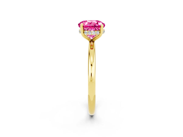 Yellow gold Round Cut Pink Sapphire Solitaire Ring with Thin Band and Four-Prong Setting