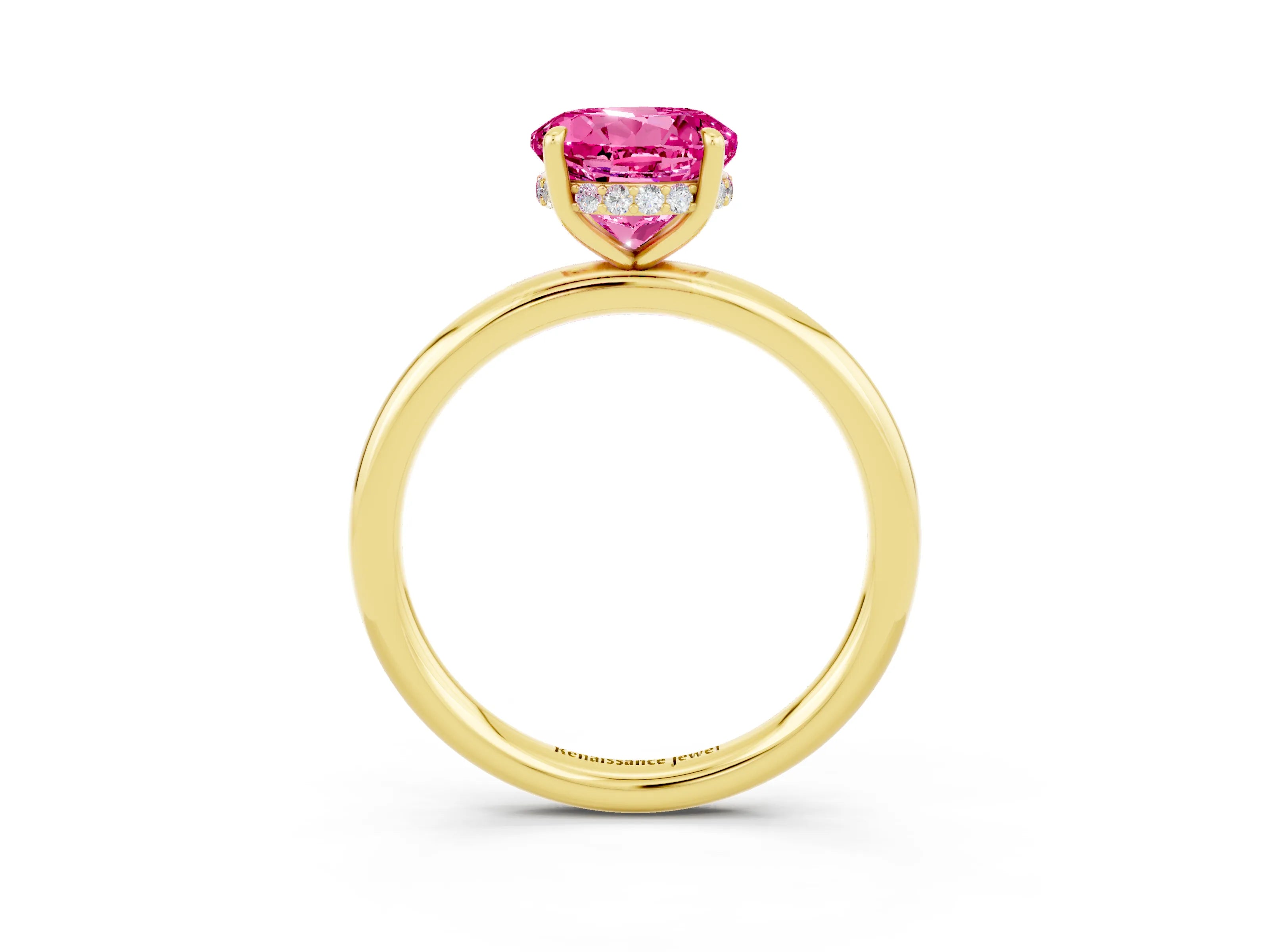 Yellow gold Round Cut Pink Sapphire Solitaire Ring with Thin Band and Four-Prong Setting_39
