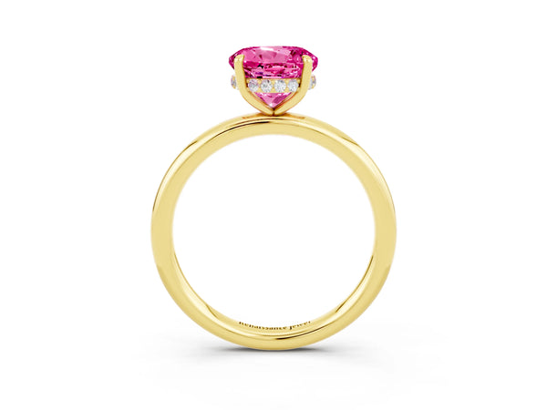 Yellow gold Round Cut Pink Sapphire Solitaire Ring with Thin Band and Four-Prong Setting