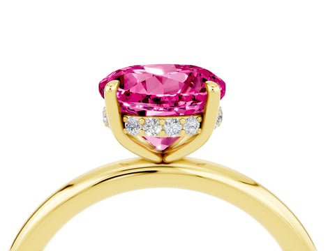 Yellow gold Round Cut Pink Sapphire Solitaire Ring with Thin Band and Four-Prong Setting_40