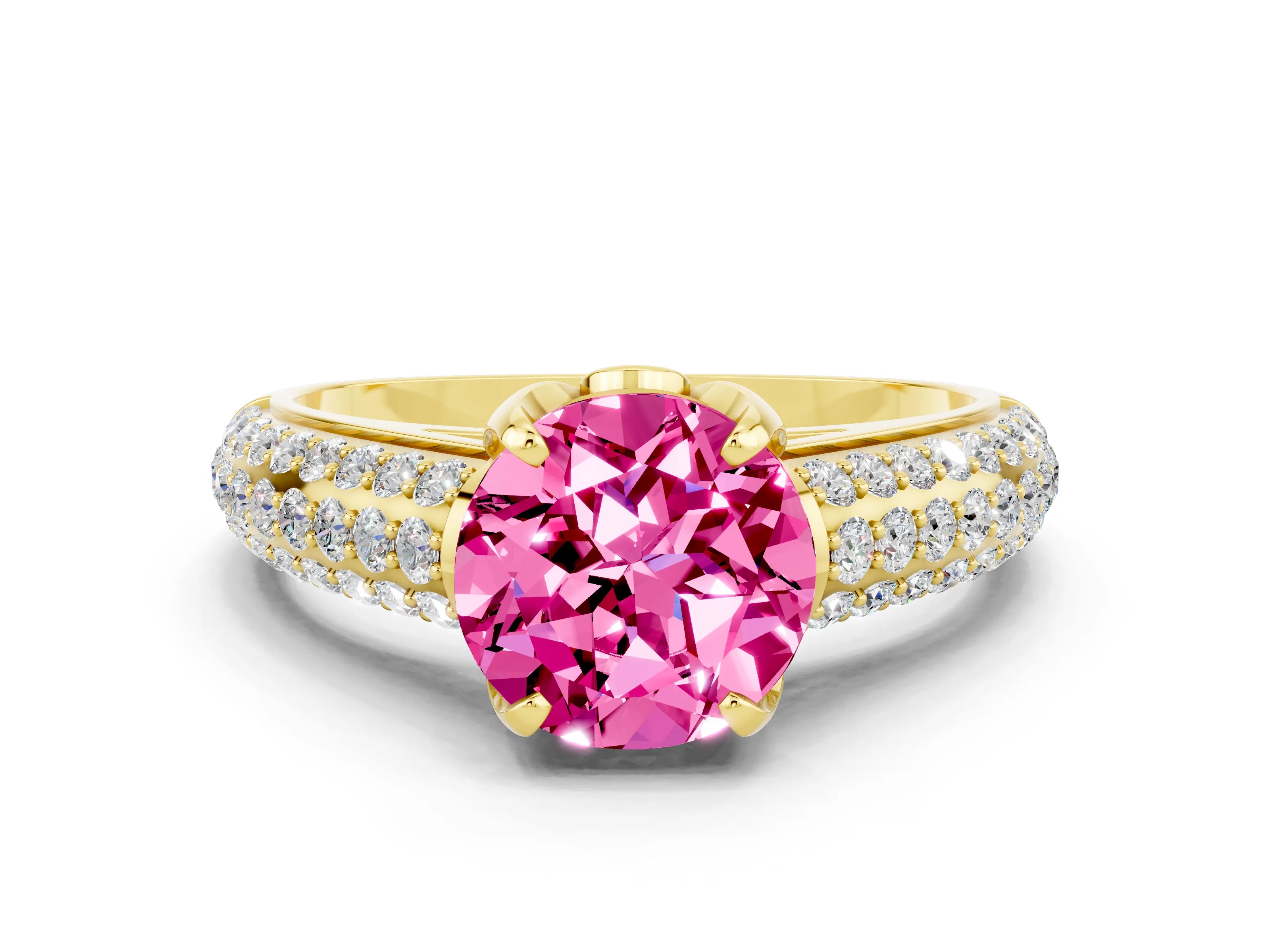 Yellow gold Round Cut Pink Sapphire Solitaire Ring with Three-Row Pavé Band and Four-Prong Setting_12