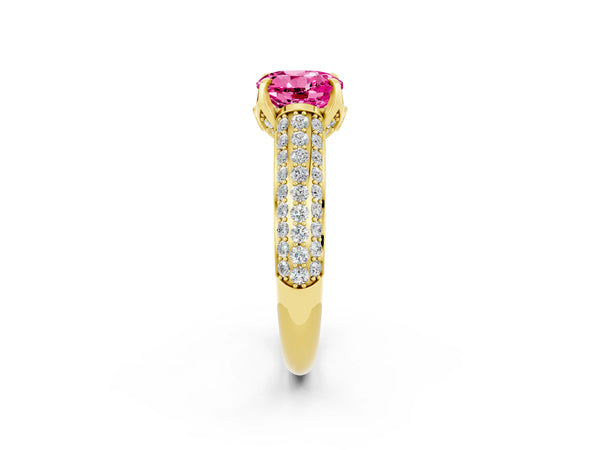 Yellow gold Round Cut Pink Sapphire Solitaire Ring with Three-Row Pavé Band and Four-Prong Setting