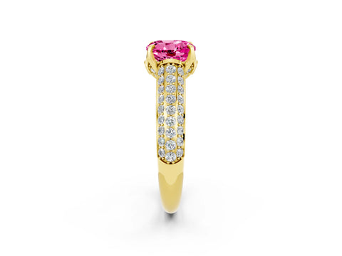 Yellow gold Round Cut Pink Sapphire Solitaire Ring with Three-Row Pavé Band and Four-Prong Setting_14