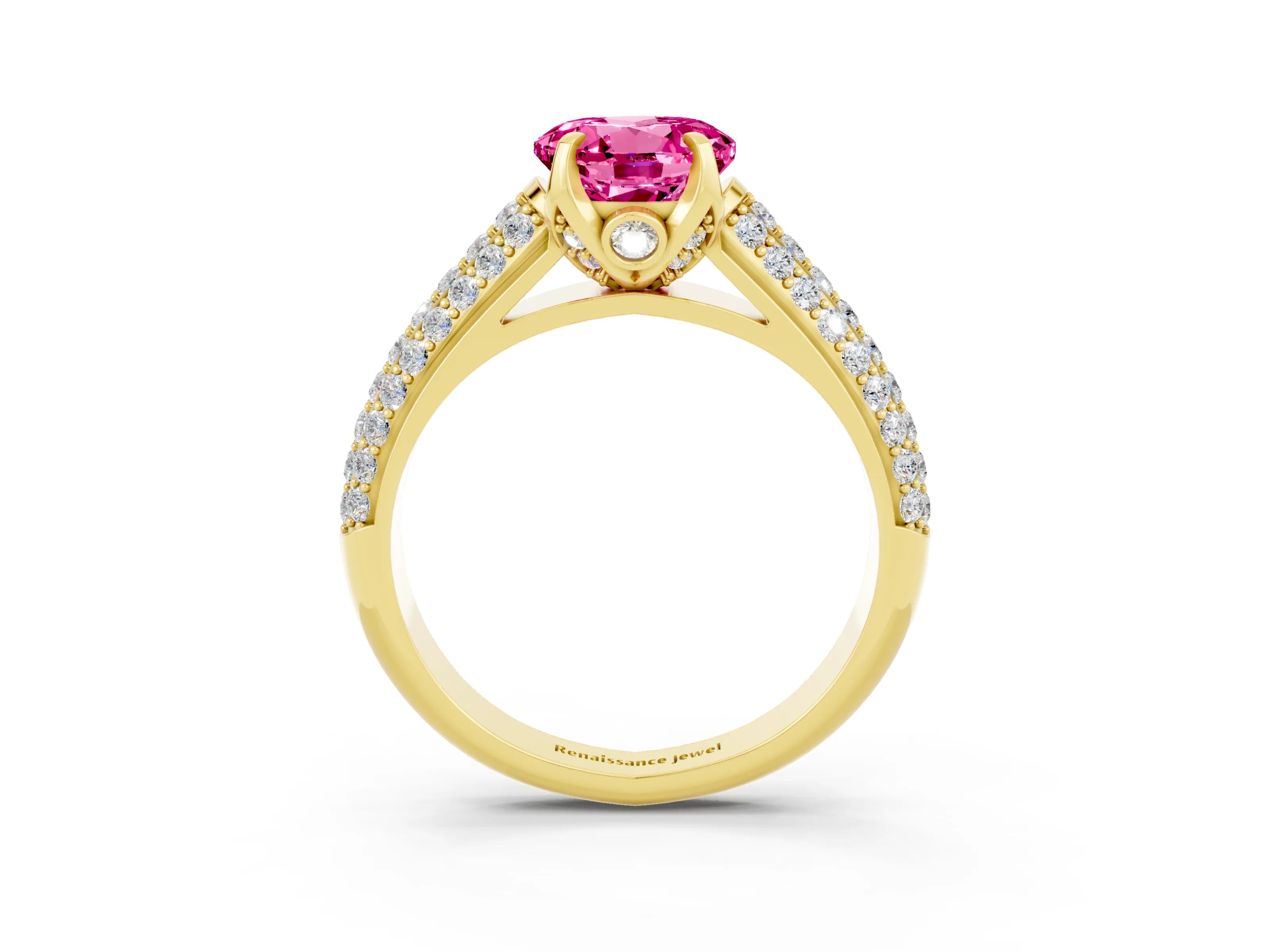 Yellow gold Round Cut Pink Sapphire Solitaire Ring with Three-Row Pavé Band and Four-Prong Setting_15