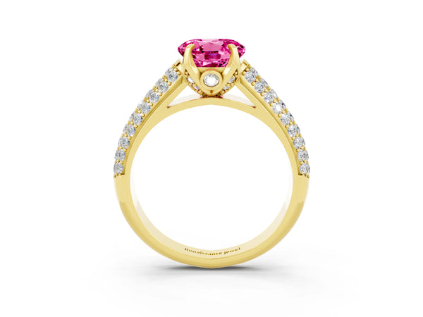 Yellow gold Round Cut Pink Sapphire Solitaire Ring with Three-Row Pavé Band and Four-Prong Setting