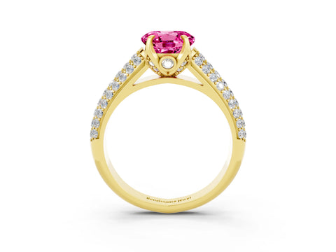 Yellow gold Round Cut Pink Sapphire Solitaire Ring with Three-Row Pavé Band and Four-Prong Setting_15
