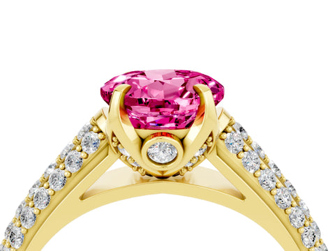 Yellow gold Round Cut Pink Sapphire Solitaire Ring with Three-Row Pavé Band and Four-Prong Setting_16