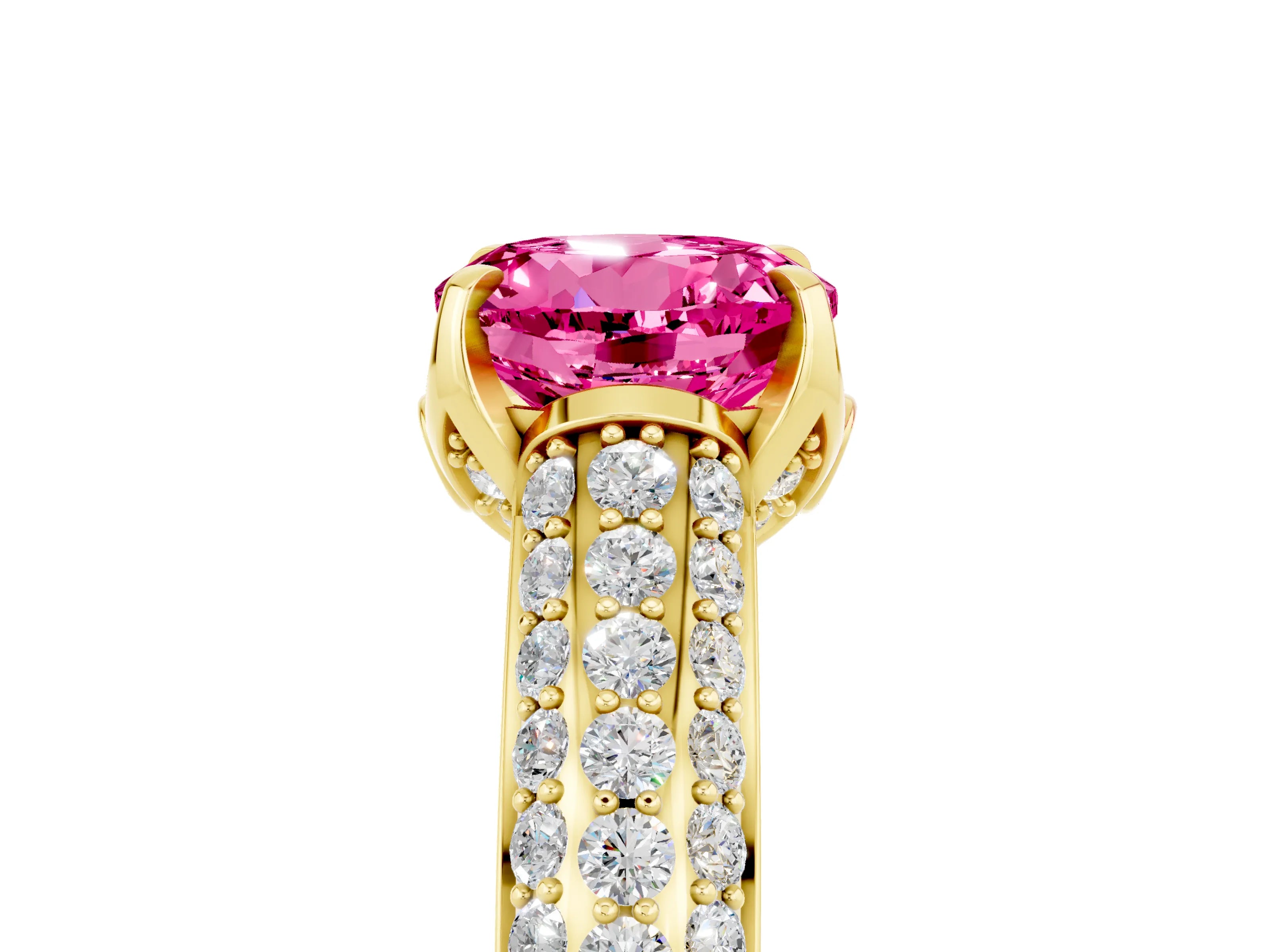 Yellow gold Round Cut Pink Sapphire Solitaire Ring with Three-Row Pavé Band and Four-Prong Setting_17