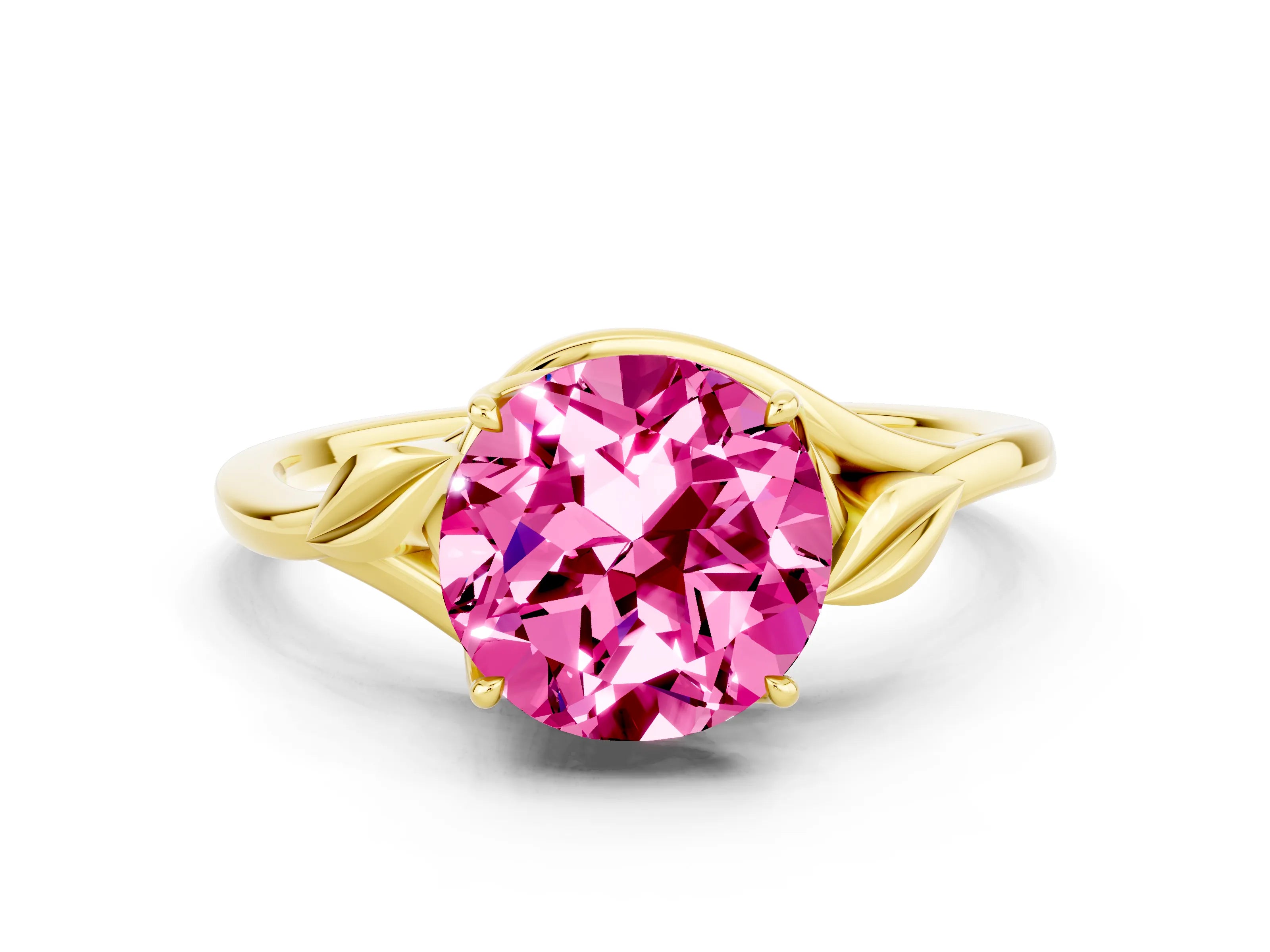 Yellow gold Round Cut Pink Sapphire Solitaire Ring with Twist Band and Four-Prong Setting_24