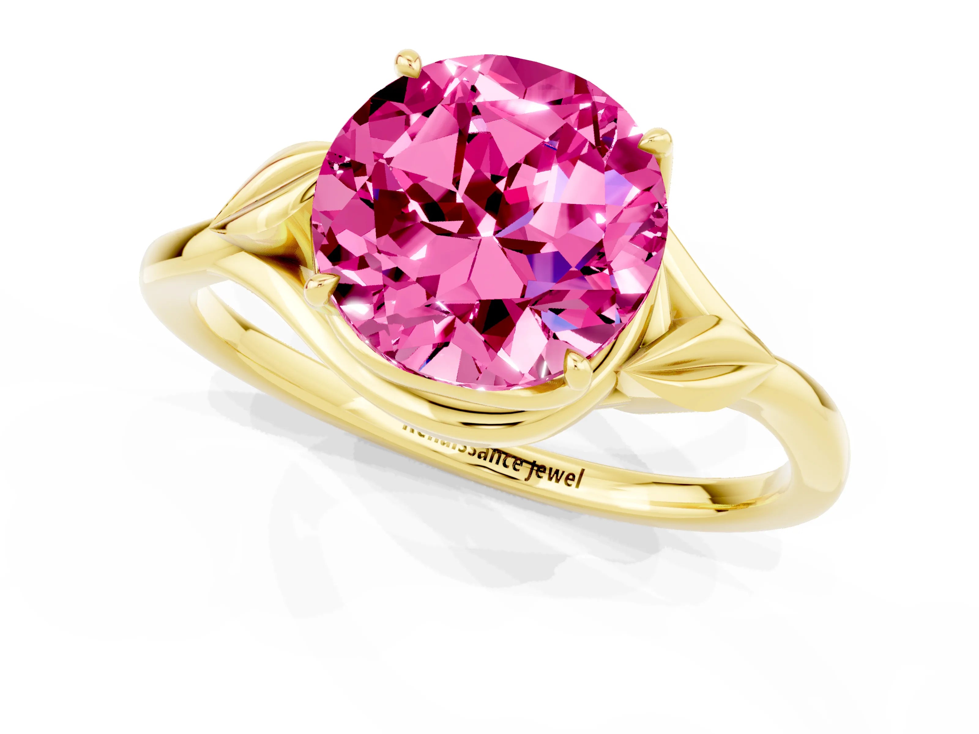 Yellow gold Round Cut Pink Sapphire Solitaire Ring with Twist Band and Four-Prong Setting_25