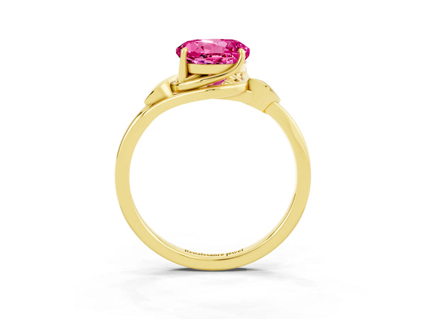 Yellow gold Round Cut Pink Sapphire Solitaire Ring with Twist Band and Four-Prong Setting
