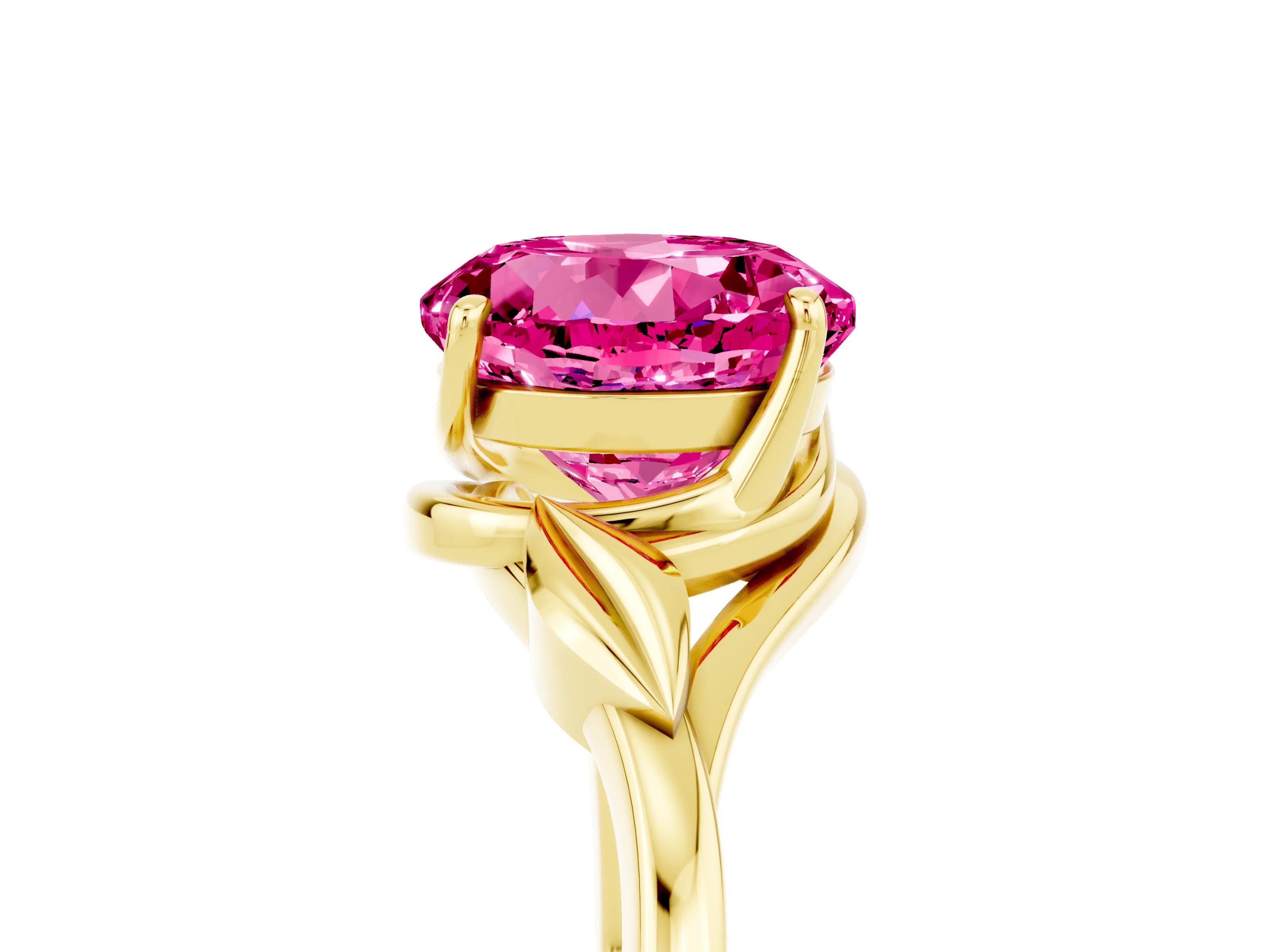 Yellow gold Round Cut Pink Sapphire Solitaire Ring with Twist Band and Four-Prong Setting_29
