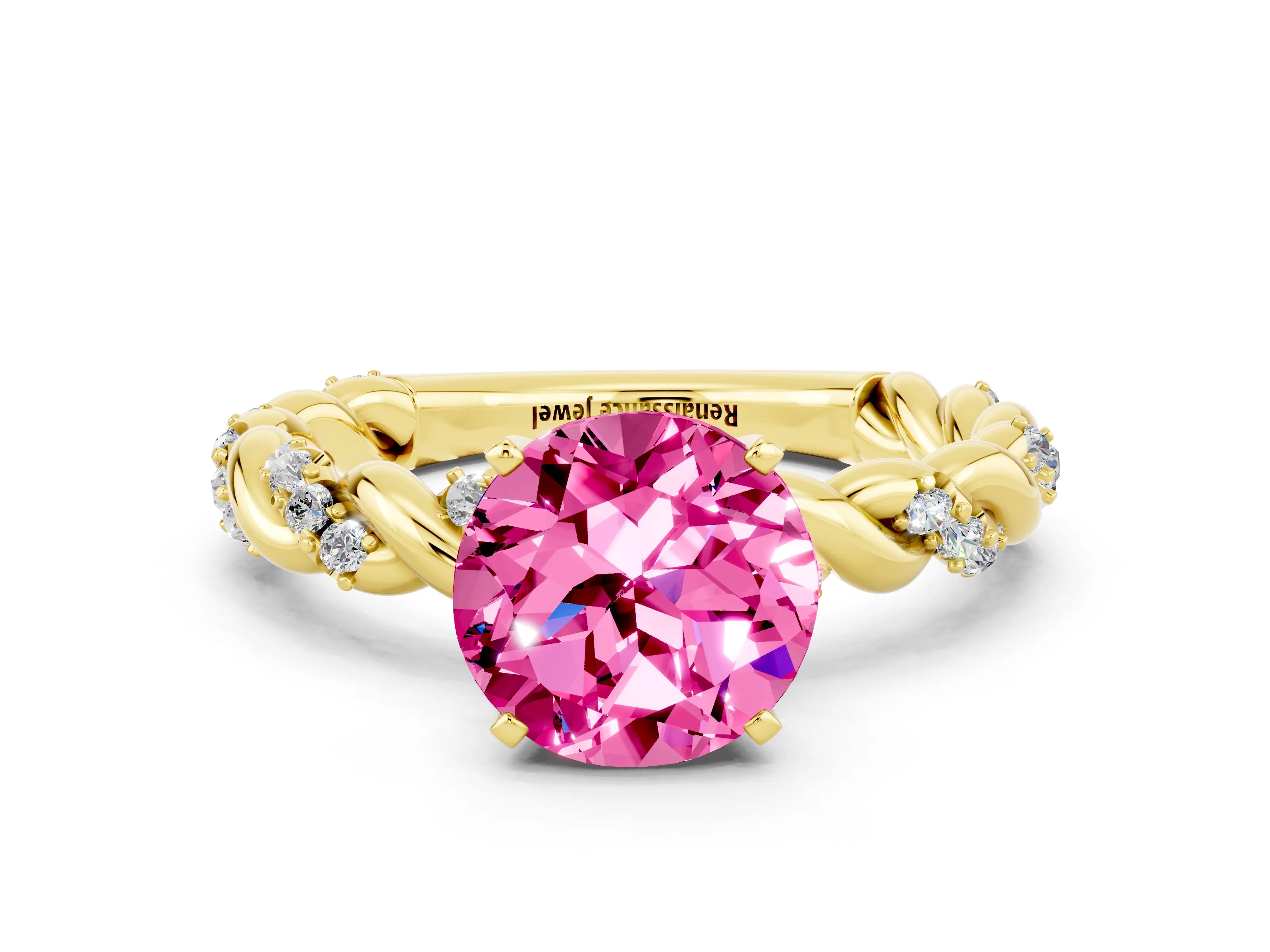 Yellow gold Round Cut Pink Sapphire Solitaire Ring with Twisted Band and Pavé Accents