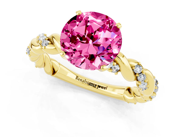 Yellow gold Round Cut Pink Sapphire Solitaire Ring with Twisted Band and Pavé Accents