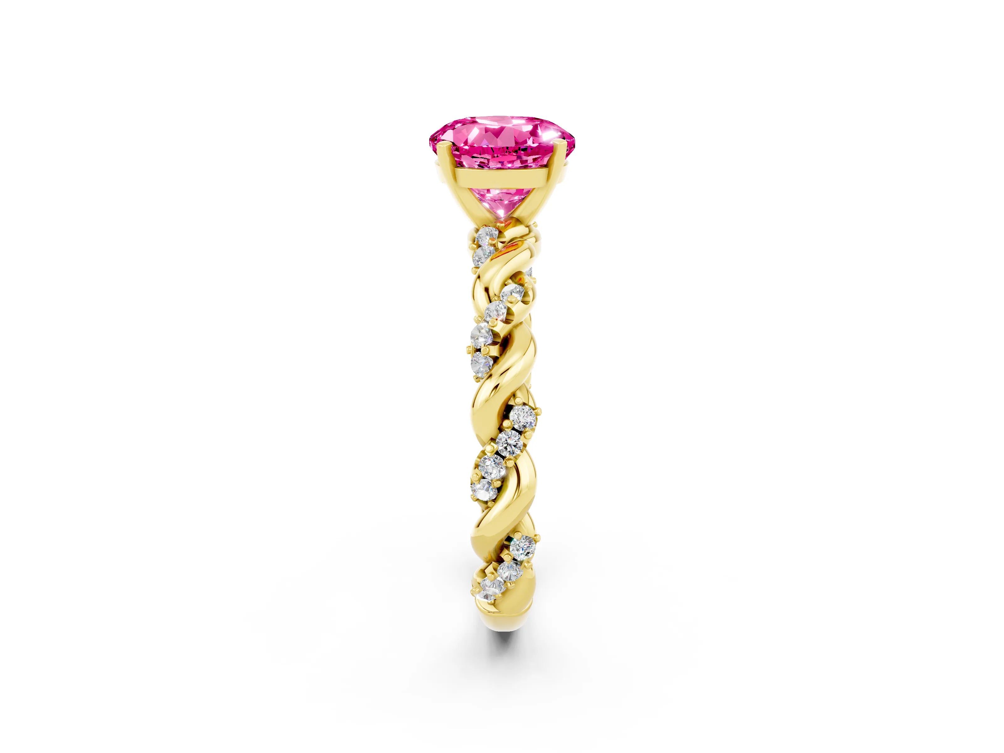 Yellow gold Round Cut Pink Sapphire Solitaire Ring with Twisted Band and Pavé Accents_2