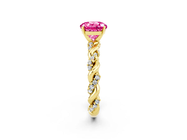 Yellow gold Round Cut Pink Sapphire Solitaire Ring with Twisted Band and Pavé Accents