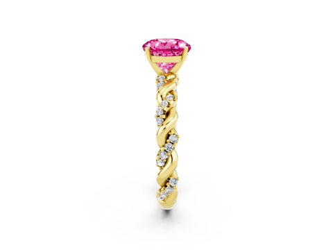Yellow gold Round Cut Pink Sapphire Solitaire Ring with Twisted Band and Pavé Accents_2