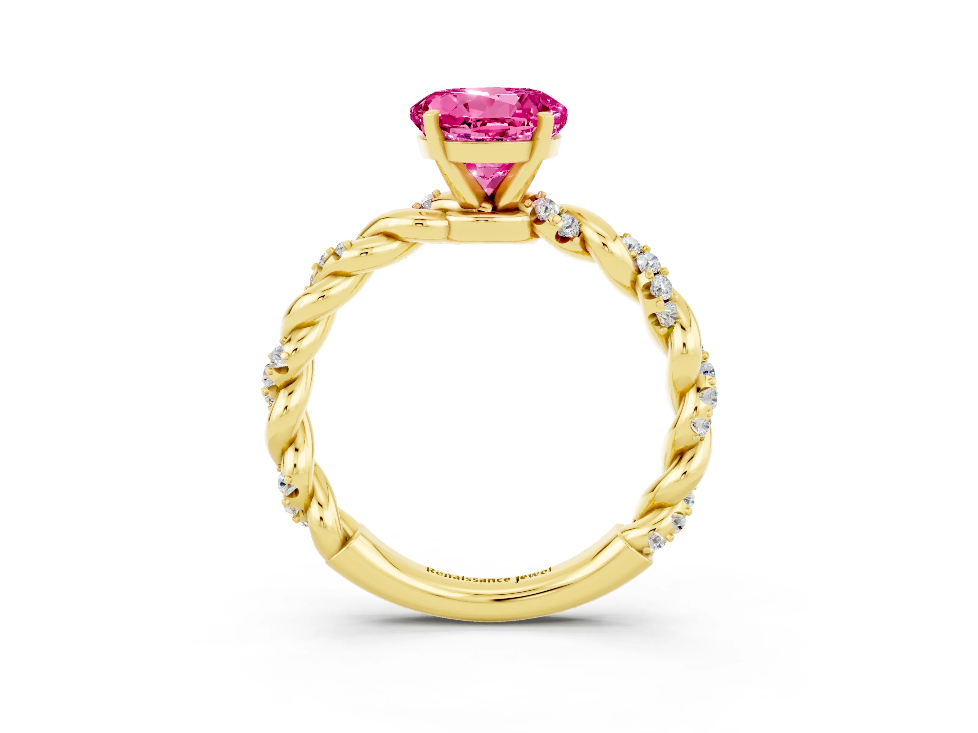 Yellow gold Round Cut Pink Sapphire Solitaire Ring with Twisted Band and Pavé Accents_3