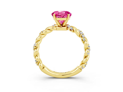 Yellow gold Round Cut Pink Sapphire Solitaire Ring with Twisted Band and Pavé Accents_3