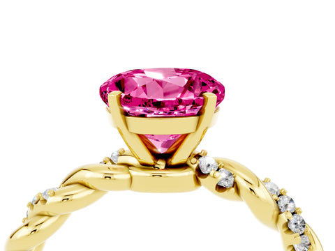 Yellow gold Round Cut Pink Sapphire Solitaire Ring with Twisted Band and Pavé Accents_4