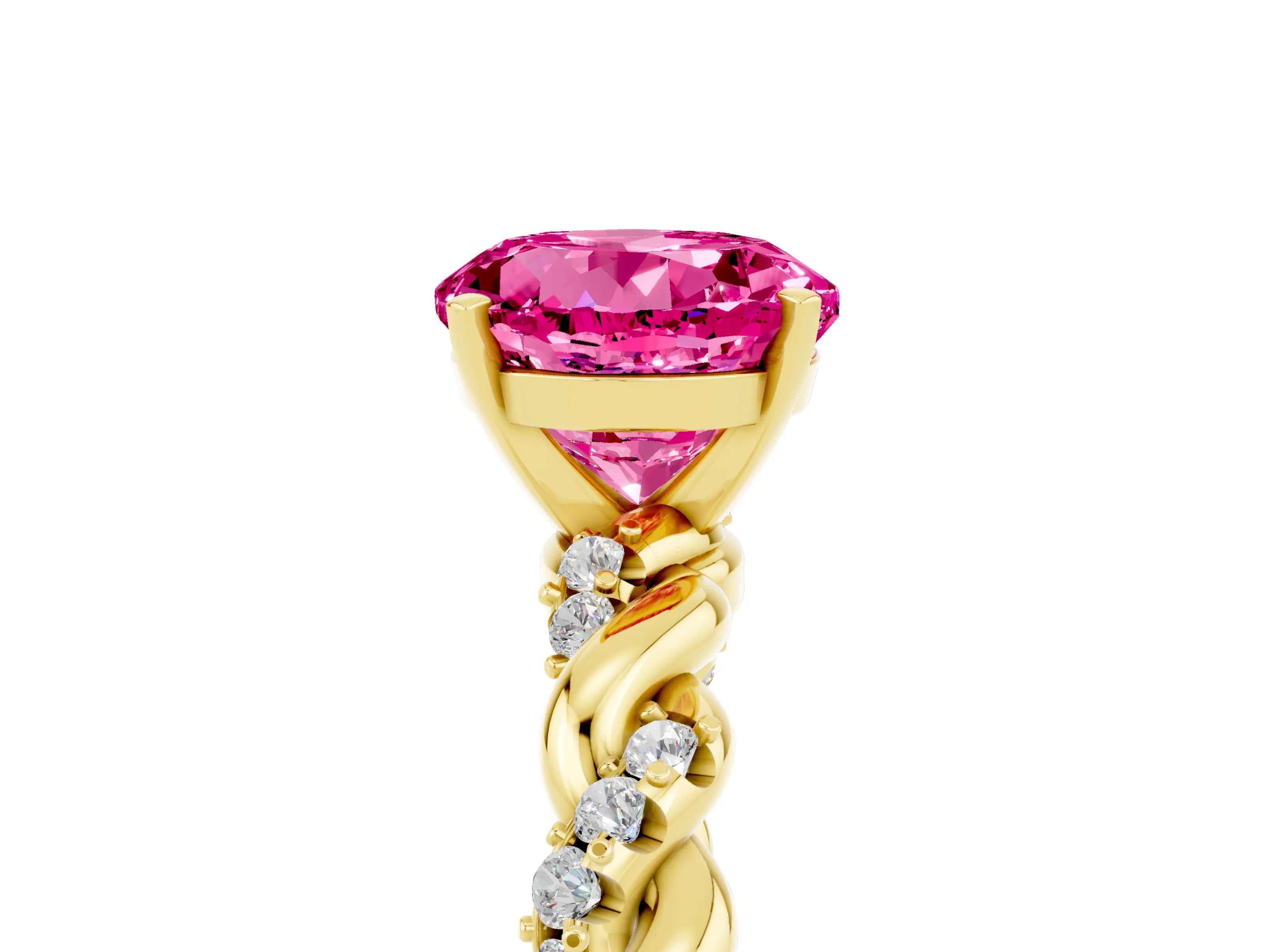Yellow gold Round Cut Pink Sapphire Solitaire Ring with Twisted Band and Pavé Accents_5