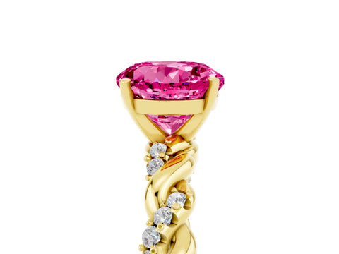 Yellow gold Round Cut Pink Sapphire Solitaire Ring with Twisted Band and Pavé Accents_5
