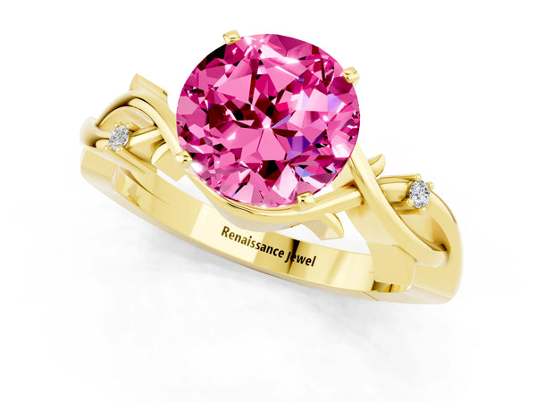 Yellow gold Round Cut Pink Sapphire Solitaire Ring with Twisted Band and Prong Setting