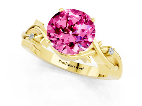 Yellow gold Round Cut Pink Sapphire Solitaire Ring with Twisted Band and Prong Setting_1