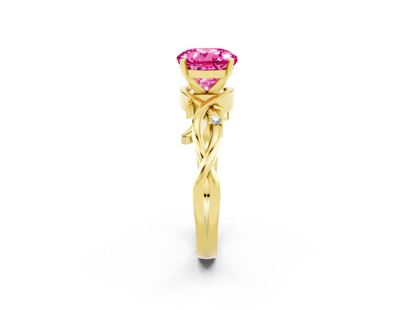 Yellow gold Round Cut Pink Sapphire Solitaire Ring with Twisted Band and Prong Setting