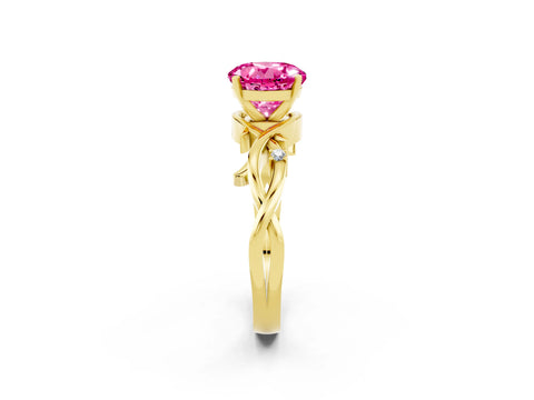 Yellow gold Round Cut Pink Sapphire Solitaire Ring with Twisted Band and Prong Setting_2