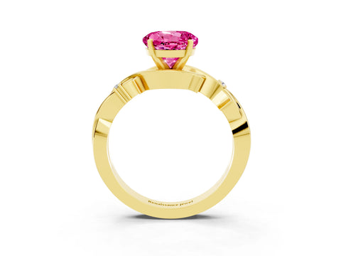 Yellow gold Round Cut Pink Sapphire Solitaire Ring with Twisted Band and Prong Setting_3