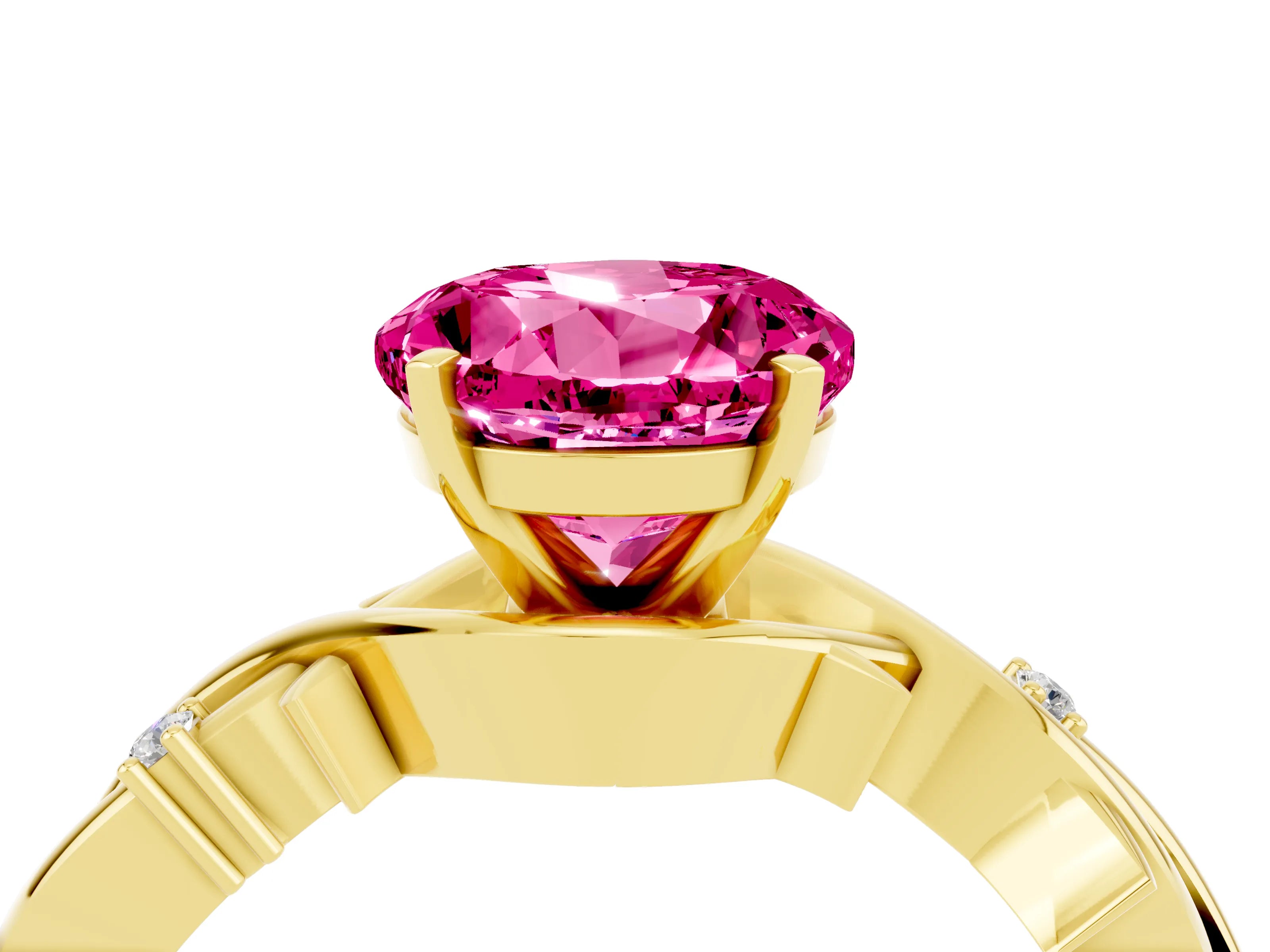 Yellow gold Round Cut Pink Sapphire Solitaire Ring with Twisted Band and Prong Setting_4