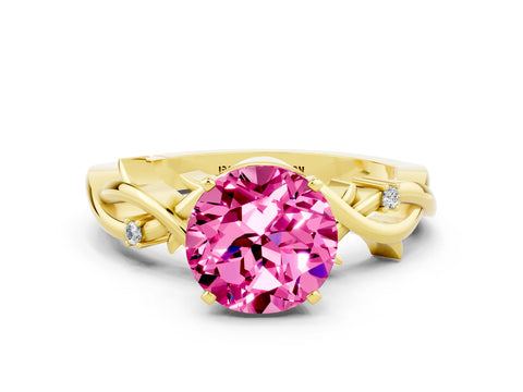 Yellow gold Round Cut Pink Sapphire Solitaire Ring with Twisted Band and Prong Setting