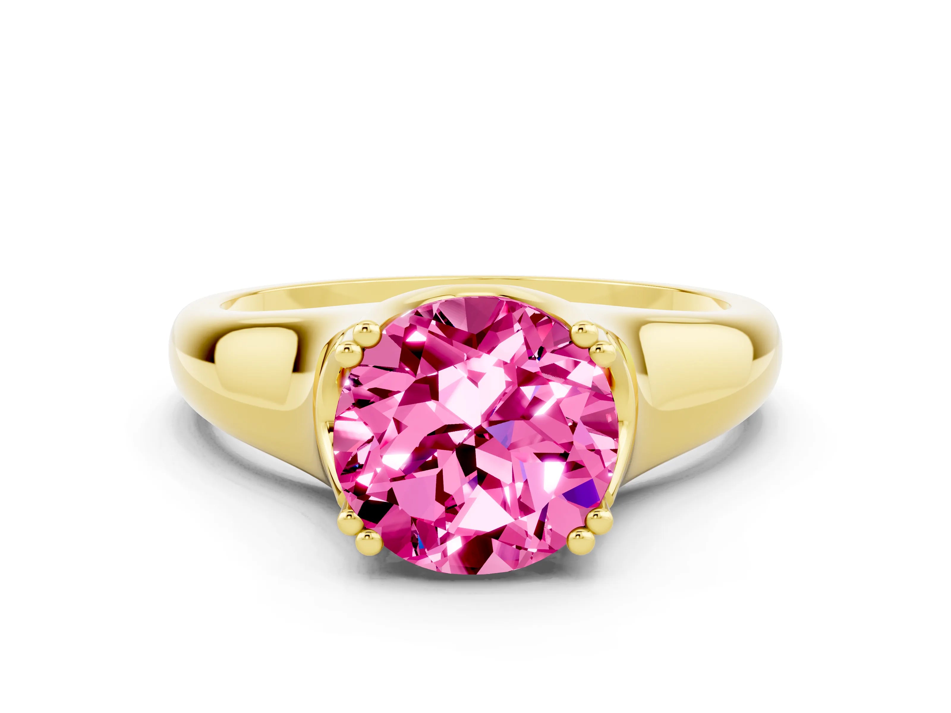 Yellow gold Round Cut Pink Sapphire Solitaire Ring with Wide Band and Prong Setting_24