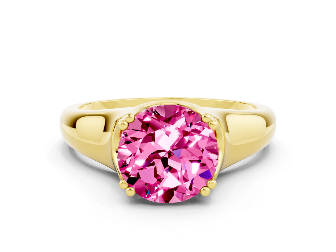 Yellow gold Round Cut Pink Sapphire Solitaire Ring with Wide Band and Prong Setting_24