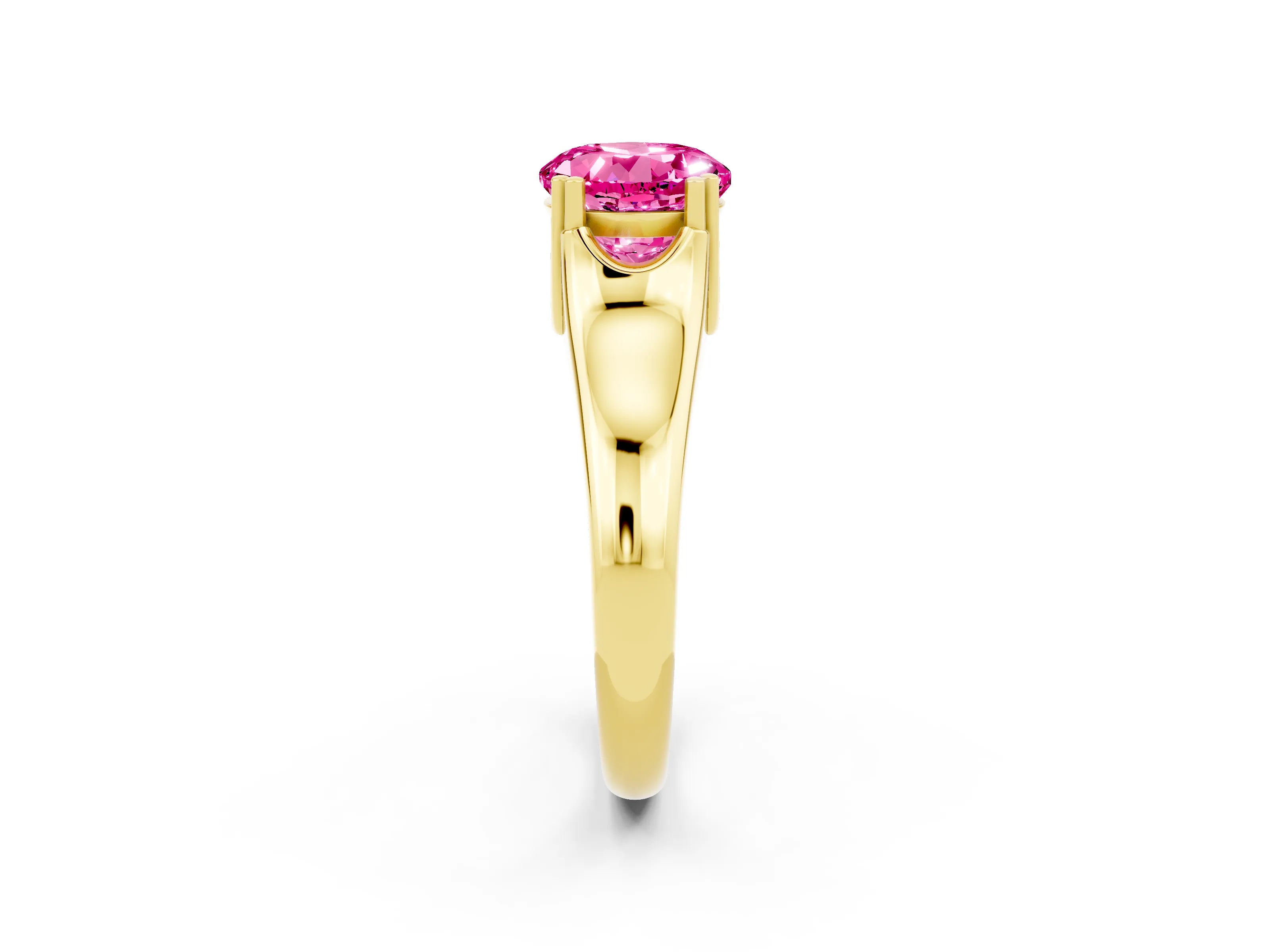 Yellow gold Round Cut Pink Sapphire Solitaire Ring with Wide Band and Prong Setting_26