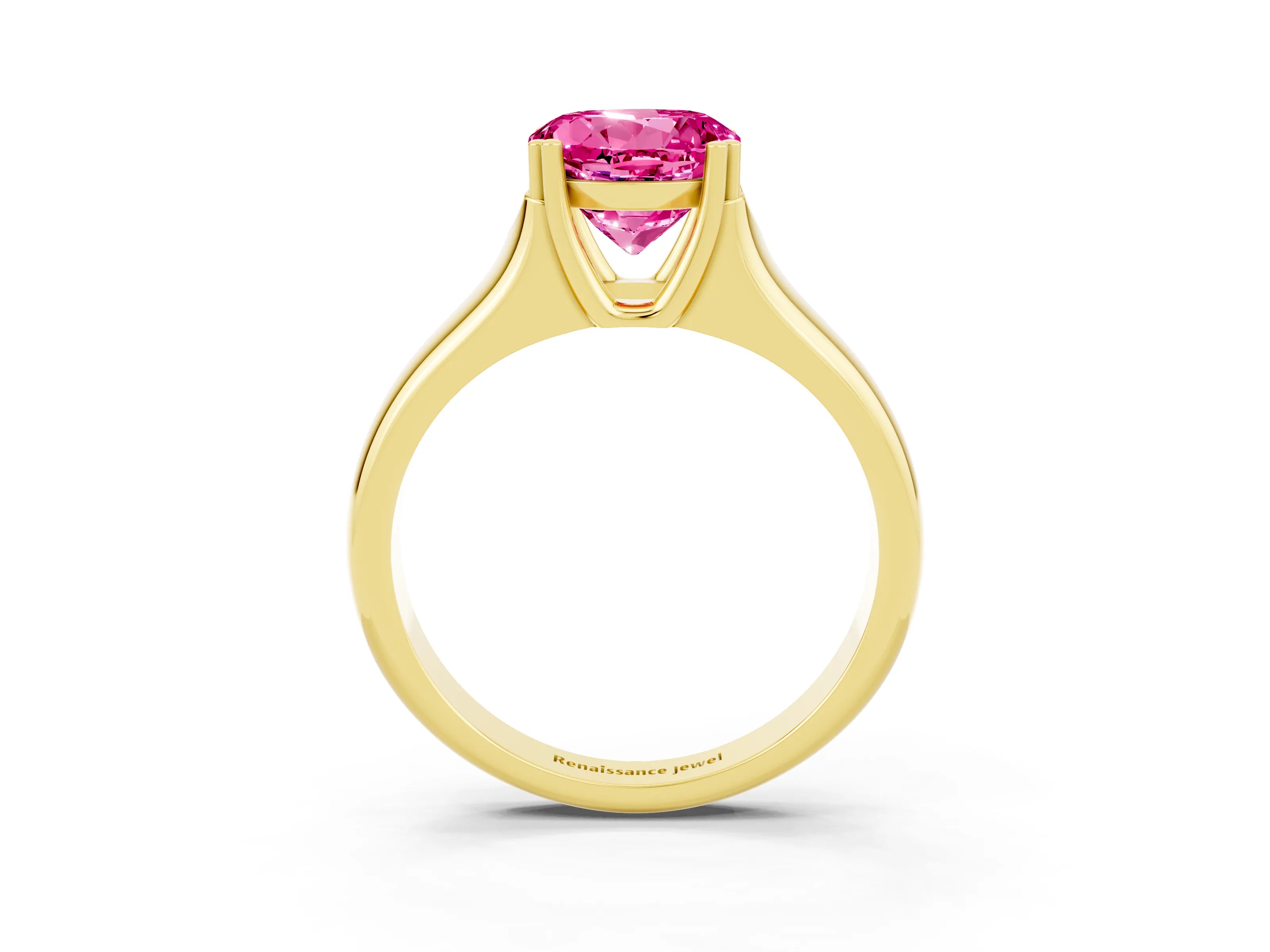 Yellow gold Round Cut Pink Sapphire Solitaire Ring with Wide Band and Prong Setting_27