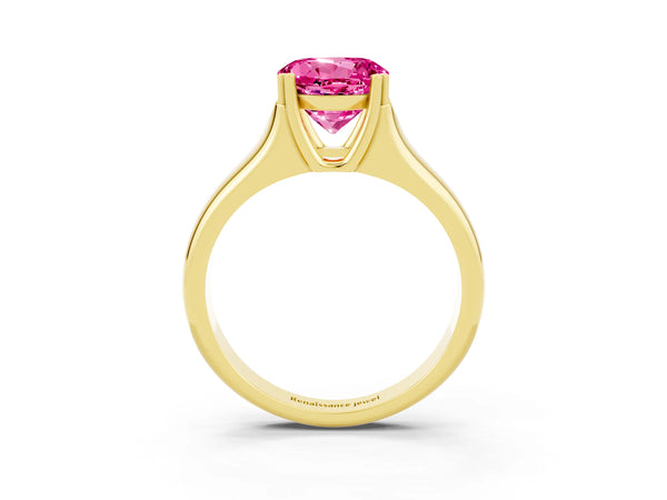 Yellow gold Round Cut Pink Sapphire Solitaire Ring with Wide Band and Prong Setting