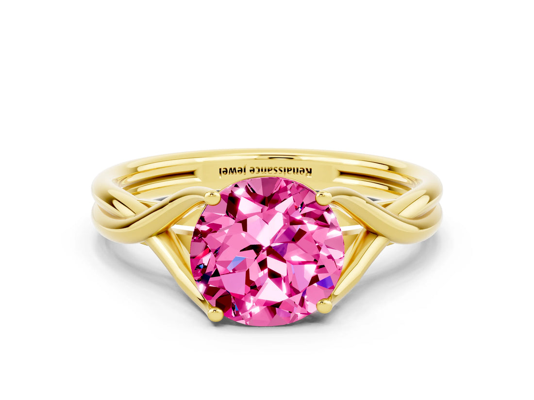 Yellow gold Round Cut Pink Sapphire Solitaire Twist Band Prong Setting Ring_80