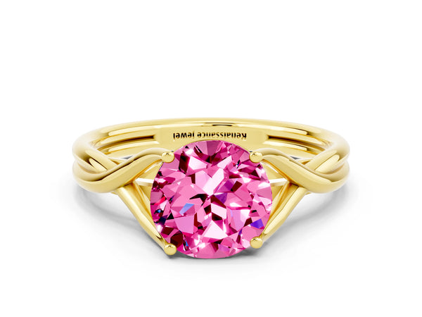Yellow gold Round Cut Pink Sapphire Solitaire Twist Band Prong Setting Ring