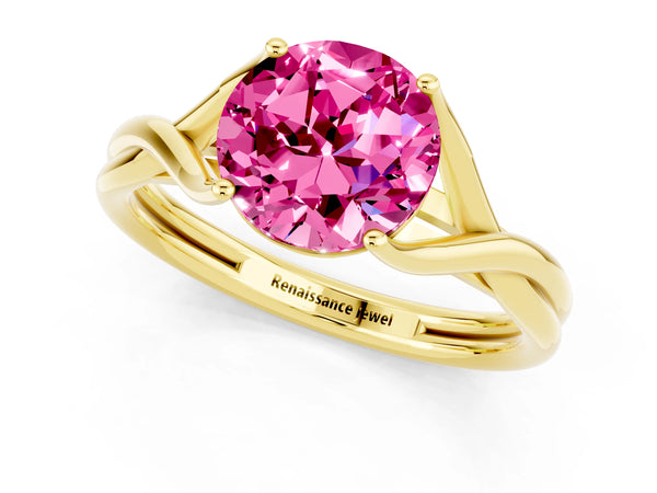 Yellow gold Round Cut Pink Sapphire Solitaire Twist Band Prong Setting Ring