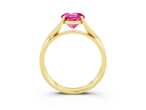Yellow gold Round Cut Pink Sapphire Solitaire Twist Band Prong Setting Ring