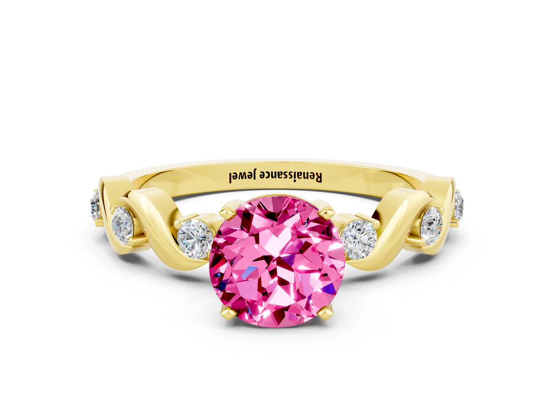 Yellow gold Round Cut Pink Sapphire Solitaire Twisted Band with Round  Accents and Prong Setting_12