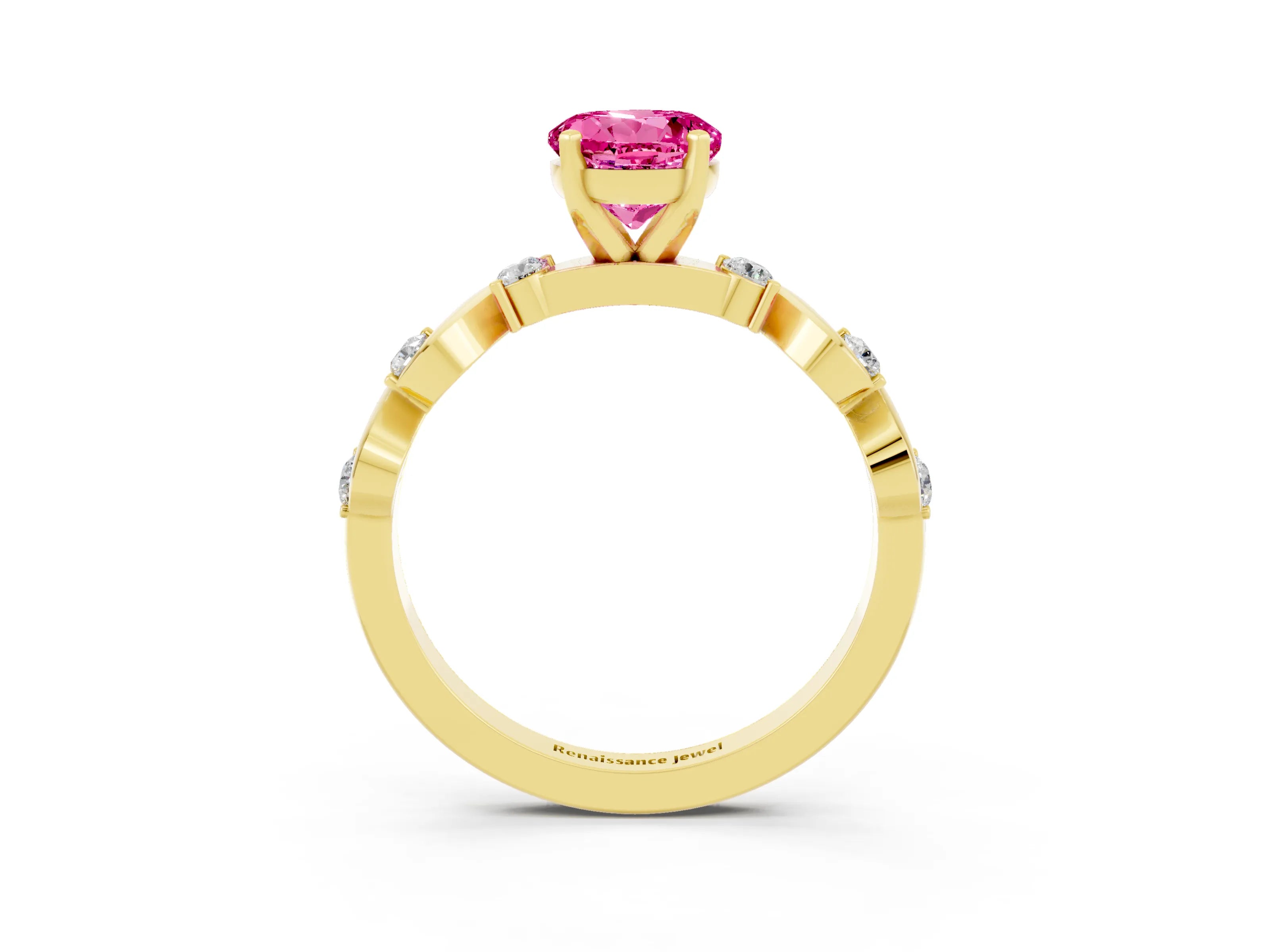 Yellow gold Round Cut Pink Sapphire Solitaire Twisted Band with Round  Accents and Prong Setting_15